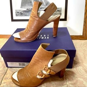 Stuart Weitzman open toe king cobra brown booties